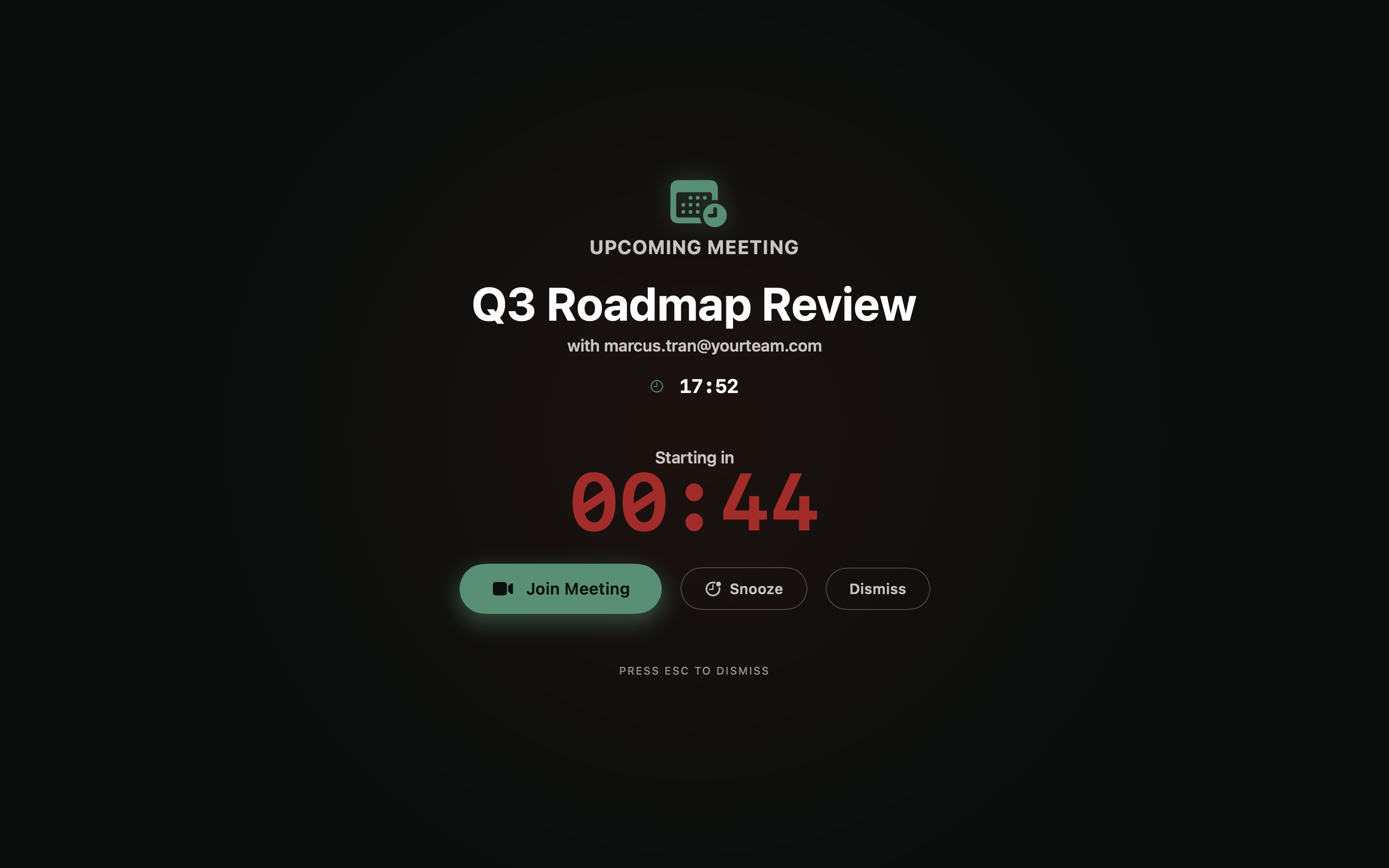 Full-screen Unmissably overlay covering the whole Mac display. Title: Q3 Roadmap Review. Starting in 00:44. Join Meeting, Snooze, and Dismiss buttons.