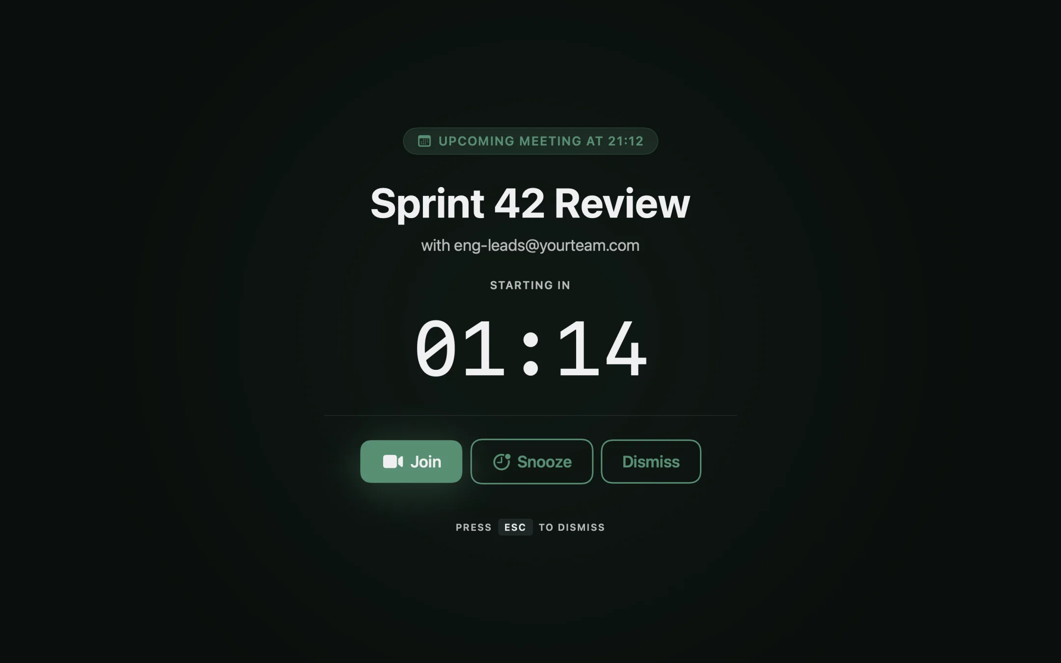 Unmissably overlay for a Sprint 42 Review, counting down 75 seconds to start.
