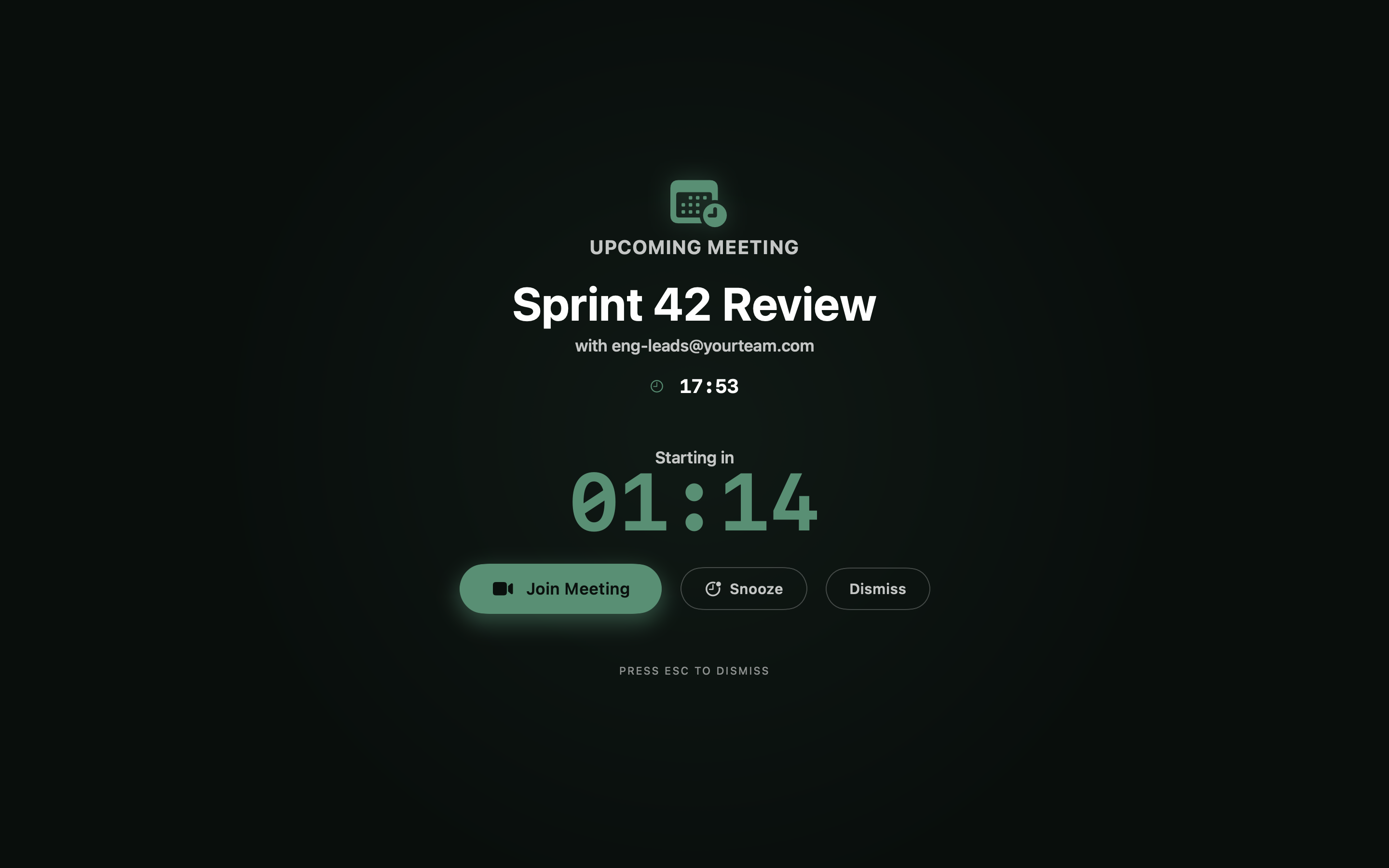 Unmissably overlay for a Sprint 42 Review, counting down 75 seconds to start.